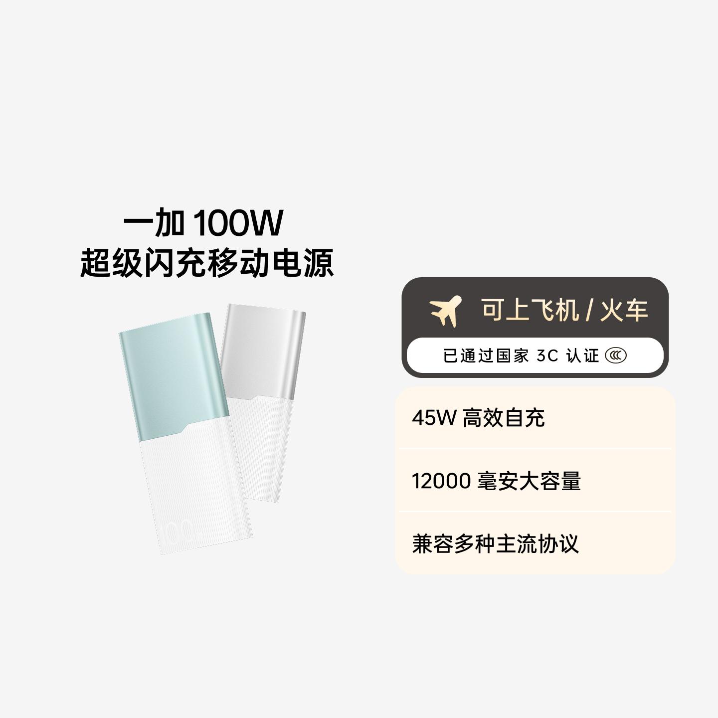 一加 100W 12000mAh 超级闪充移动电源  银翼白